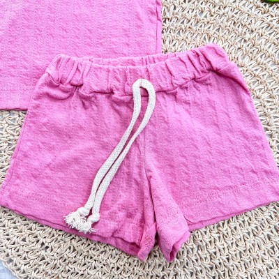Conj. Blusa Mangas Maiores Crochê e Short - Rosa